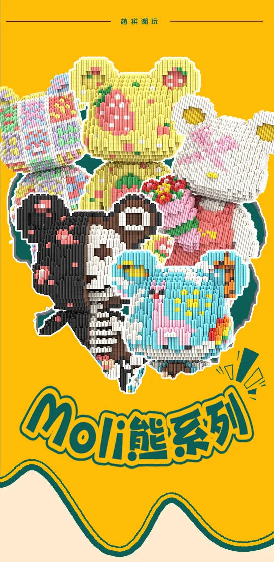 A colorful brick art set featuring various bear and animal figures in a bouquet arrangement.