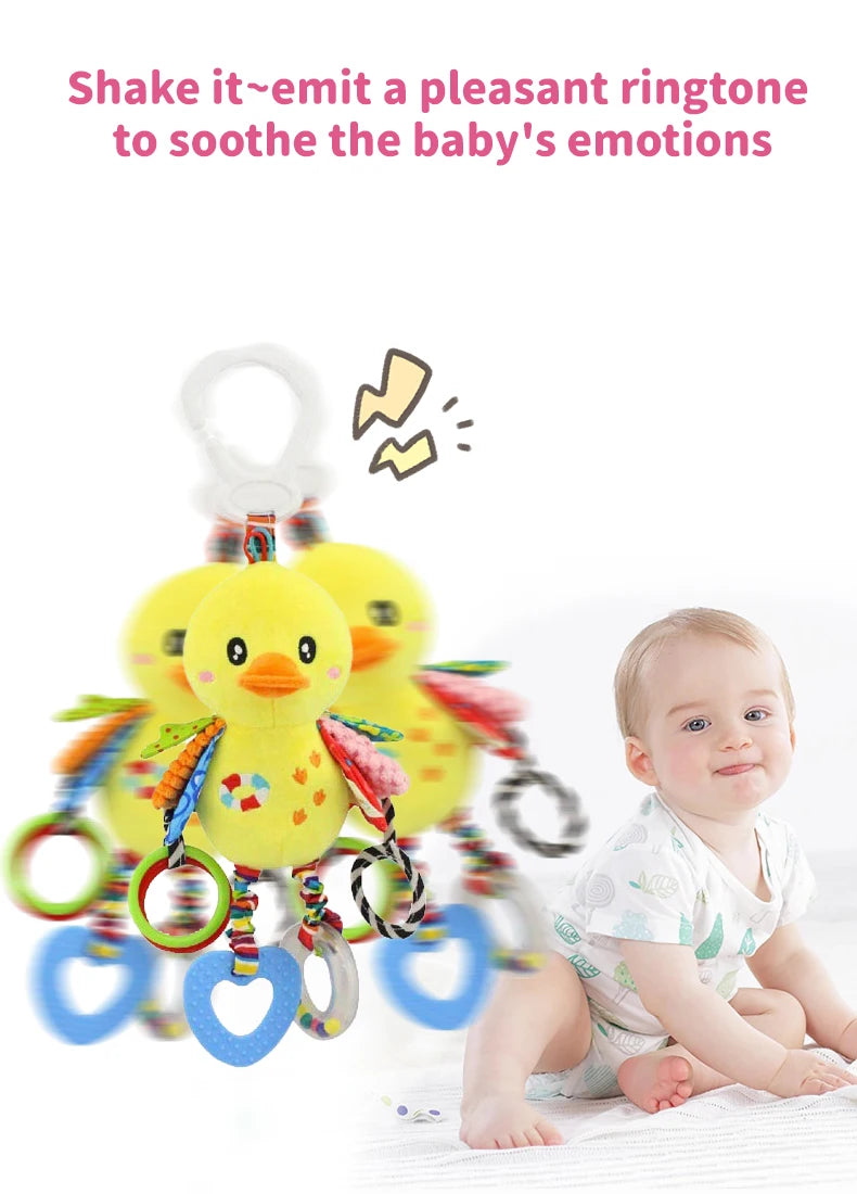 Soft Hanging Baby Rattle with Sensory Cartoon Plush Toy for Stroller and Crib