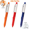 A set of joke toy pens in orange, red, and blue colors demonstrating water sprayable and writable features.