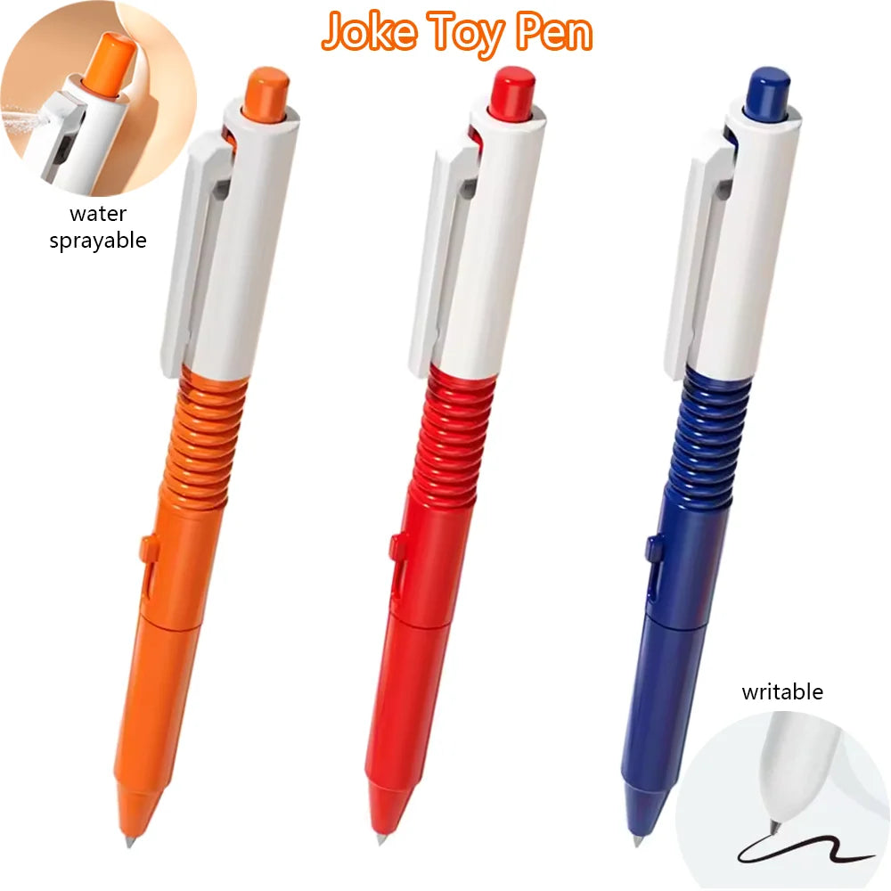 A set of joke toy pens in orange, red, and blue colors demonstrating water sprayable and writable features.
