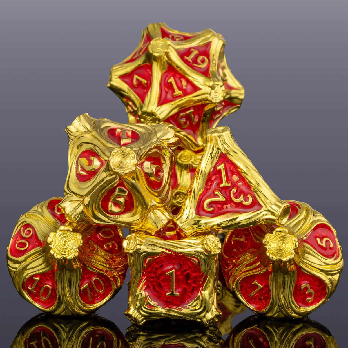 A stack of seven gold metal dice featuring red and gold markings, reflecting on a dark surface.