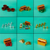 A collection of building block treasure chests and coins in various shades of orange, gold, and green.