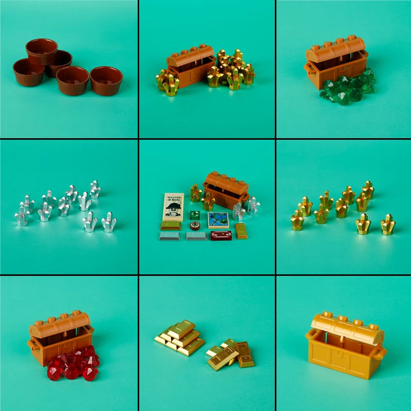 A collection of building block treasure chests and coins in various shades of orange, gold, and green.