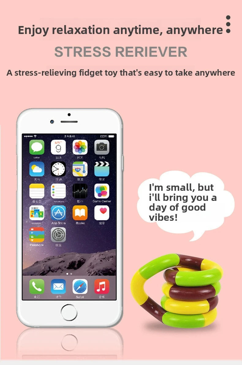 A yellow and green fidget toy rope is shown next to a smartphone displaying various apps.