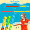 A child holds a long range water blaster squirt gun with orange and yellow accents against a blue background.