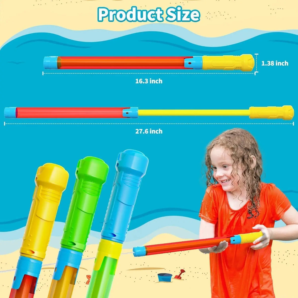 A child holds a long range water blaster squirt gun with orange and yellow accents against a blue background.