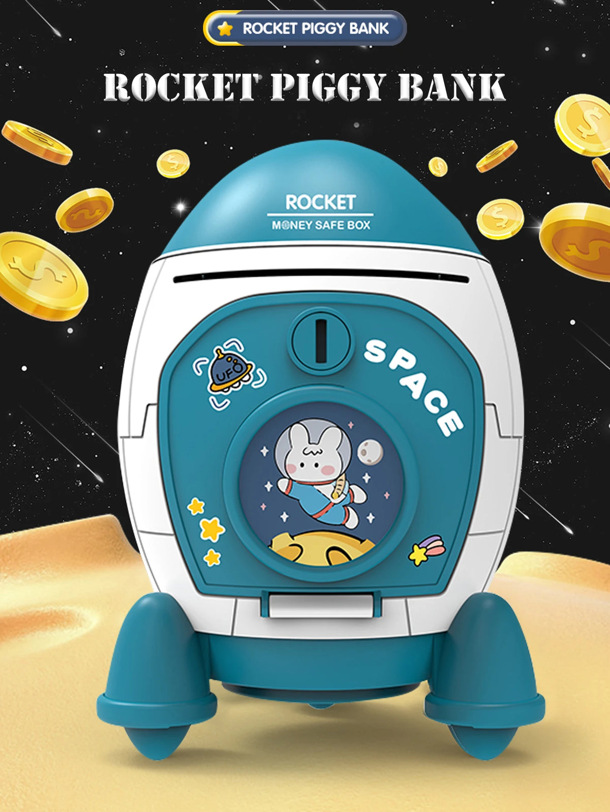 A white and blue rocket shaped piggy bank with a key lock is shown on a sandy surface surrounded by gold coins.