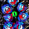 A collection of iridescent resin dice with spinning dragon eye cores scattered on a dark surface.