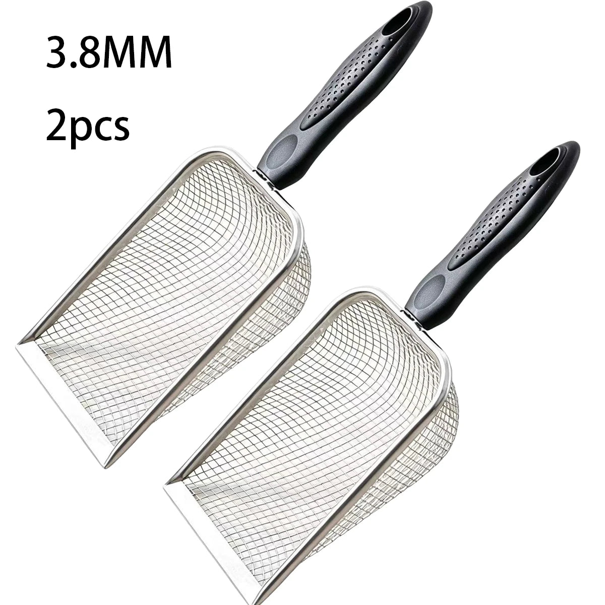 Two 3.8mm metal mesh beach sand scoops with black handles.