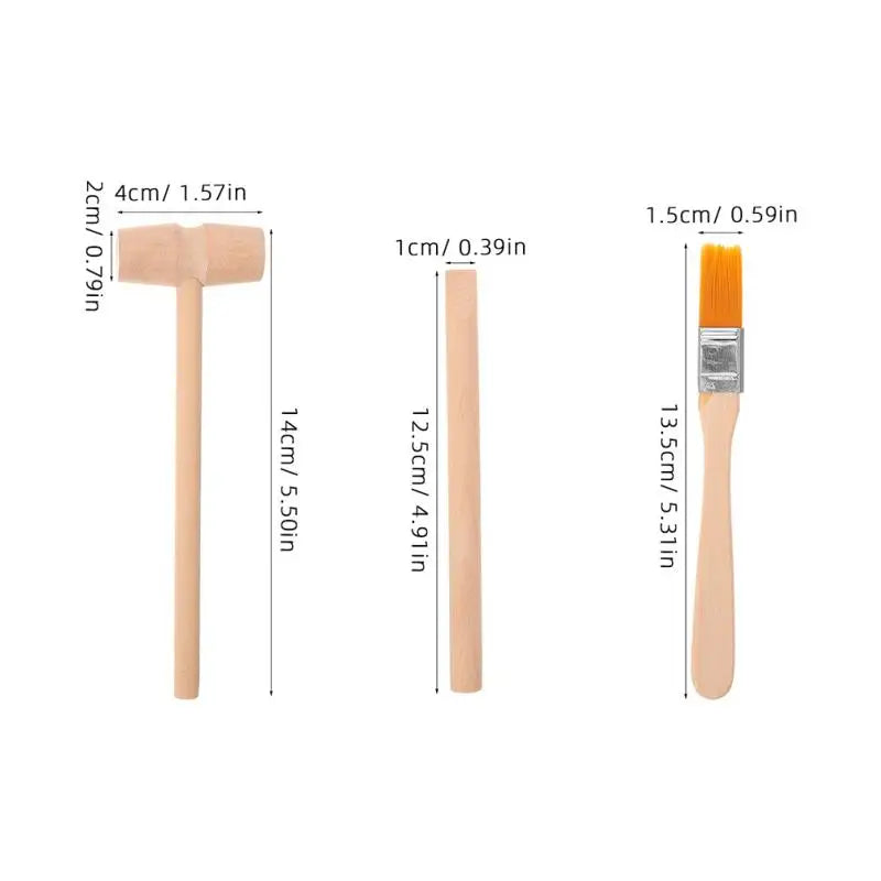 A wooden dinosaur excavation kit including a hammer, chisel, and brush for children.