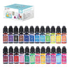 Collection de colorants liquides pour bougies, en diverses couleurs et nuances, pour teindre la cire de soja et le savon.