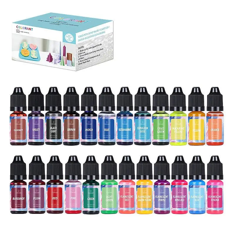 Collection de colorants liquides pour bougies, en diverses couleurs et nuances, pour teindre la cire de soja et le savon.