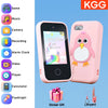 A pink kids' touchscreen phone with a penguin design, showing various app icons and accessories like a lanyard and sticker gi