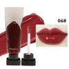 A tube of dark red lip glaze product labeled 06# with a swatch of applied color on lips.
