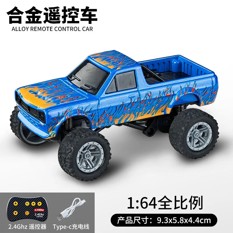A blue and orange 1:64 alloy remote control monster truck with off-road tires and a detailed body design.