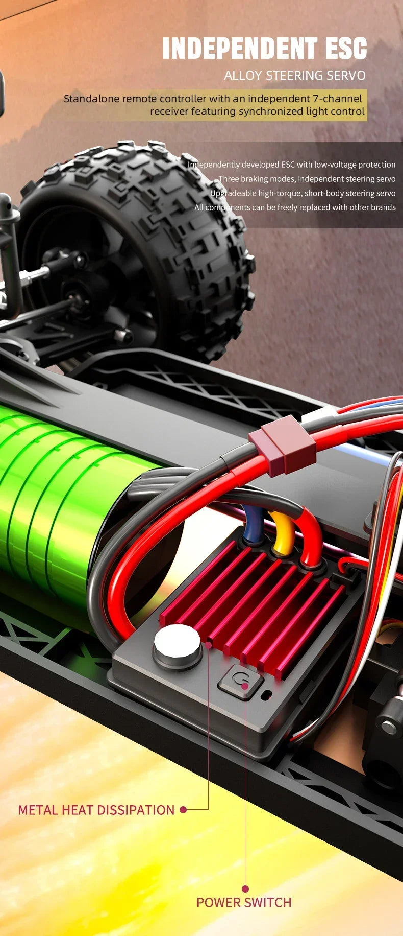 Close-up of an independent ESC with a red and black housing, showing metal heat dissipation and a power switch on a 1:14 scal