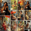 A collection of oil paintings depicting elegant women in various poses and settings.