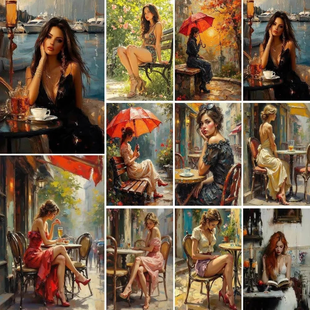 A collection of oil paintings depicting elegant women in various poses and settings.