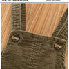 Close-up of olive green baby cotton overalls showing the textured fabric and wooden buttons on the chest pocket.