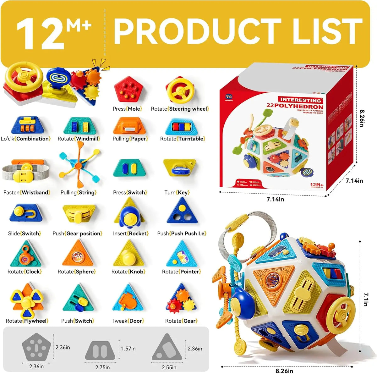 Buntes 22-in-1 Lernwürfelset mit Puzzles und Werkzeugen für Kleinkinder.