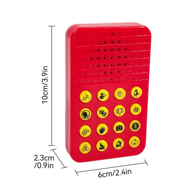 A red plastic button featuring 16 yellow sound effect buttons for parties and pranks.
