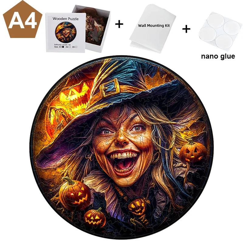 A jigsaw puzzle featuring a woman with long hair wearing a witch hat and surrounded by pumpkins.