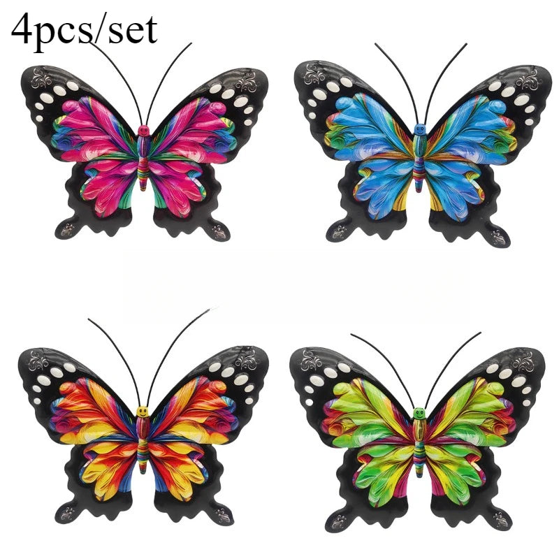 Set of four decorative iron butterfly wall art featuring vibrant colors like pink, blue, and orange.
