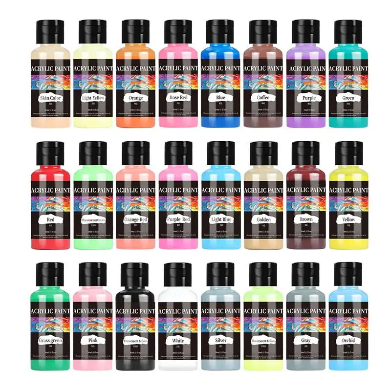 A collection of 24 acrylic paint bottles in various colors including red, blue, green, and yellow.