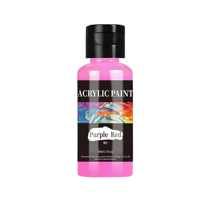 A bottle of purple red acrylic paint with a black cap and label