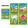 A set of six pages from a reusable water drawing book featuring colorful illustrations of animals and nature.