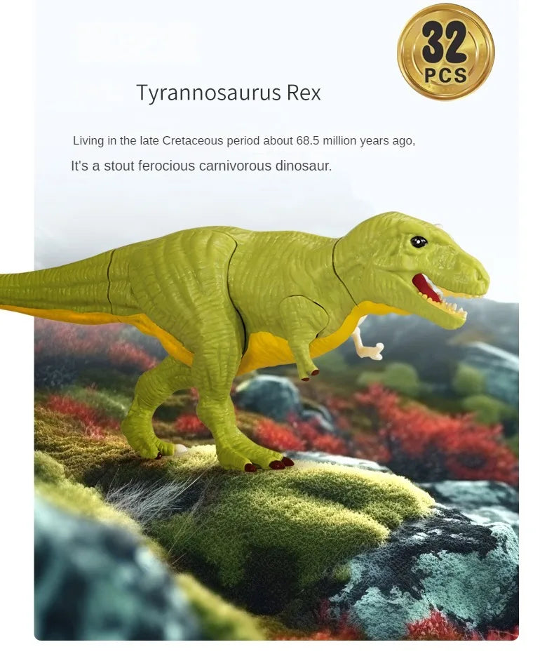 A green Tyrannosaurus Rex dinosaur model is displayed in a natural outdoor setting.