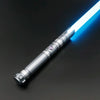 A silver lightsaber with a glowing blue blade is shown diagonally against a dark background.