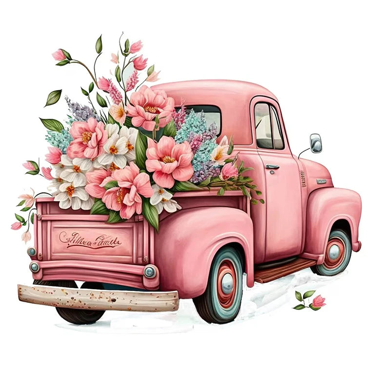Pink vintage truck decorated with pink and white flowers and greenery for a kids room wall sticker