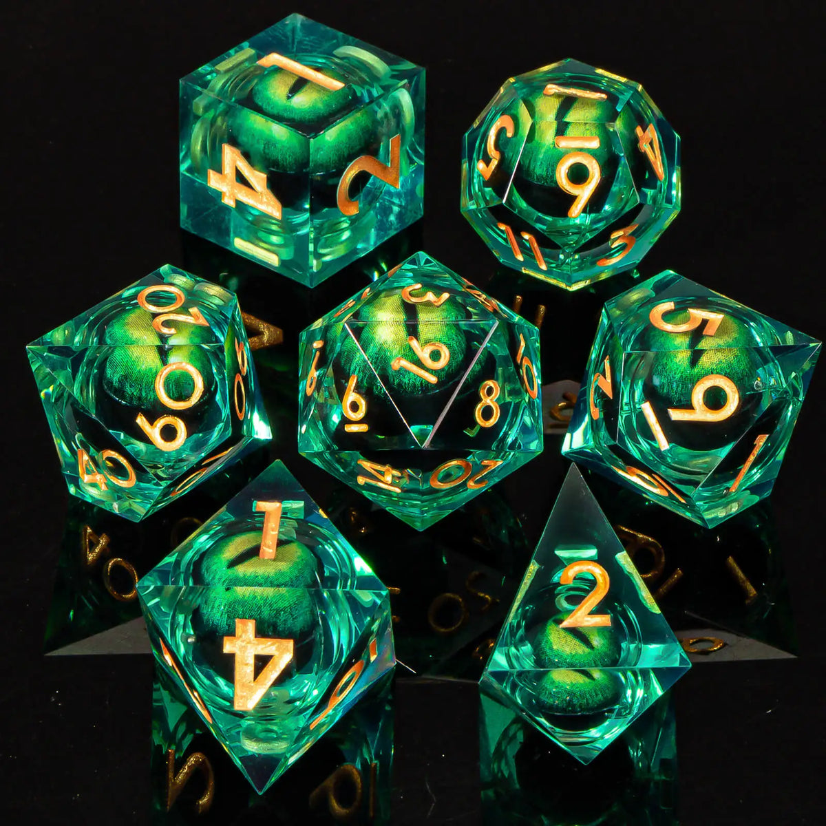Dragon Eye Resin Dice Set with Liquid Core - 7 Polyhedral Dice for RPG Gaming