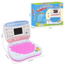 A pink and white interactive learning laptop toy with a keyboard and colorful letter tiles is shown next to its packaging.
