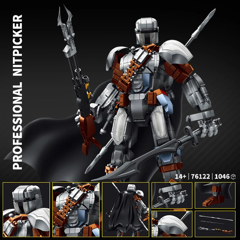 A detailed model of a humanoid mecha figure with orange and silver armor and weaponry, shown in a dynamic pose.
