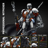 A detailed model of a humanoid mecha figure with orange and silver armor and weaponry, shown in a dynamic pose.