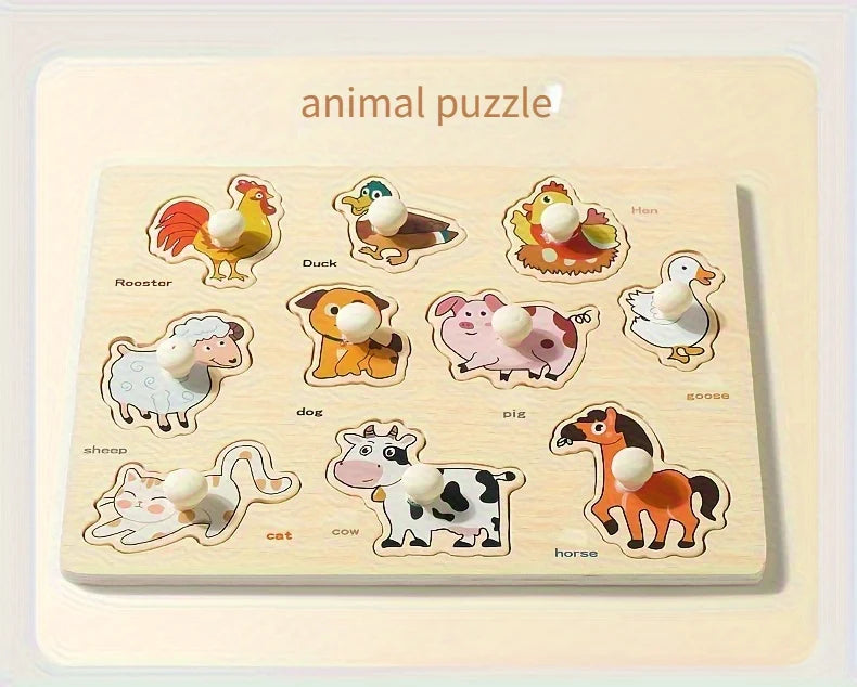 A wooden animal puzzle board featuring various animals like a rooster, duck, pig, cow, and horse for early learning.
