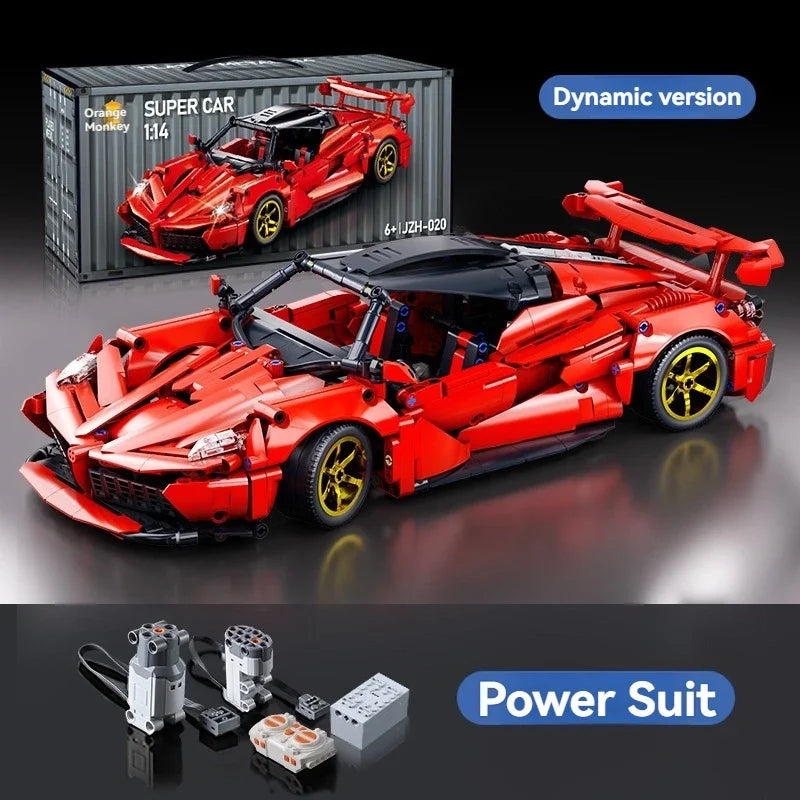 A red Super Car dynamic version model kit built from building blocks with a power suit and accessories.