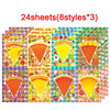 A set of 24 pizza-themed stickers in 8 styles across 3 sheets for a DIY craft kit.