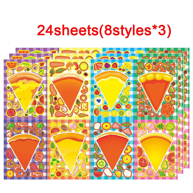 A set of 24 pizza-themed stickers in 8 styles across 3 sheets for a DIY craft kit.