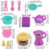 A set of pink and purple doll feeding and care accessories including spoons, bowls, and a teapot.