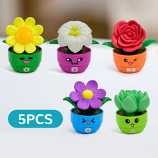 Five colorful potted flowers for a sorting and stacking toy set, featuring yellow, white, red, purple, and green plants.