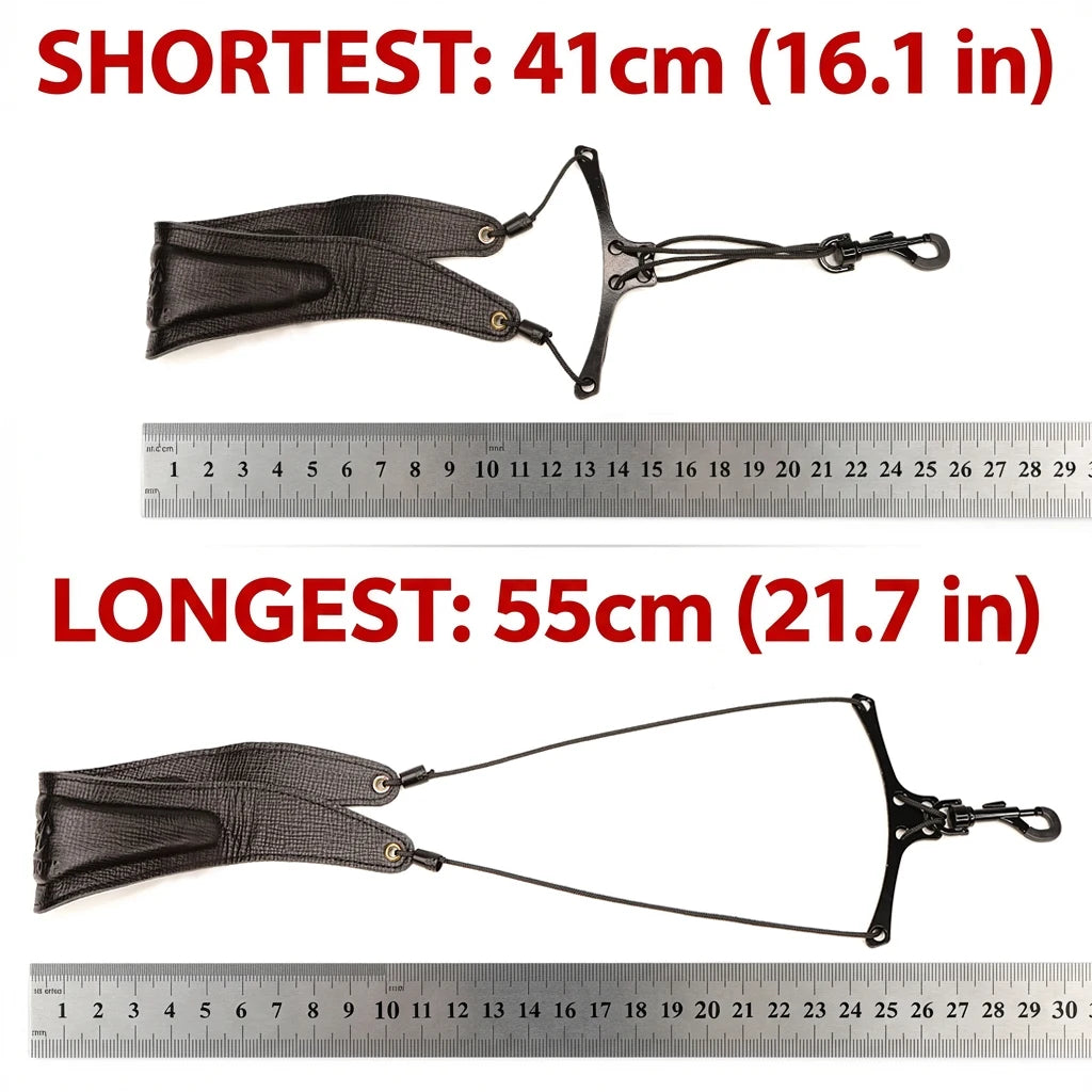 A black soft cowhide saxophone neck strap is shown, with dimensions ranging from 41cm to 55cm.