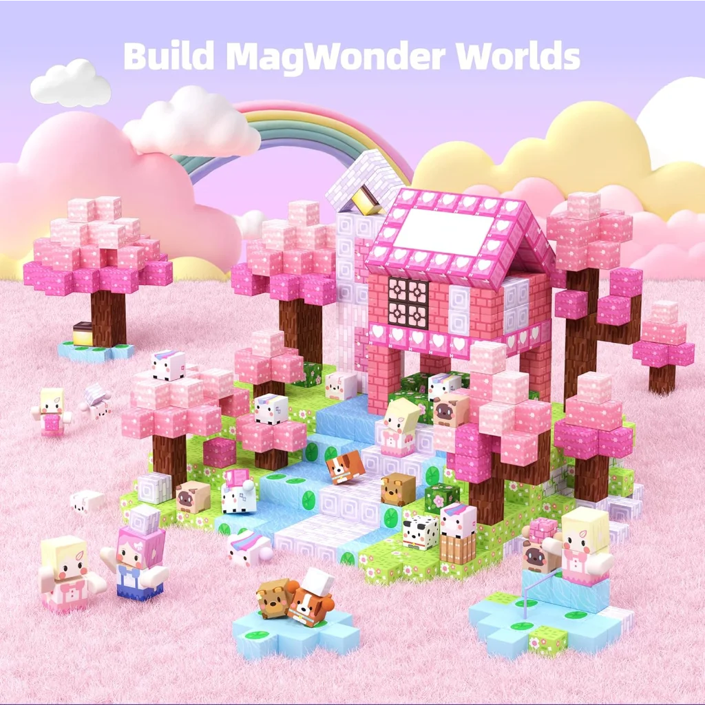 A colorful set of magnetic building blocks depicting a pink blossom castle landscape with trees and small animal figures.