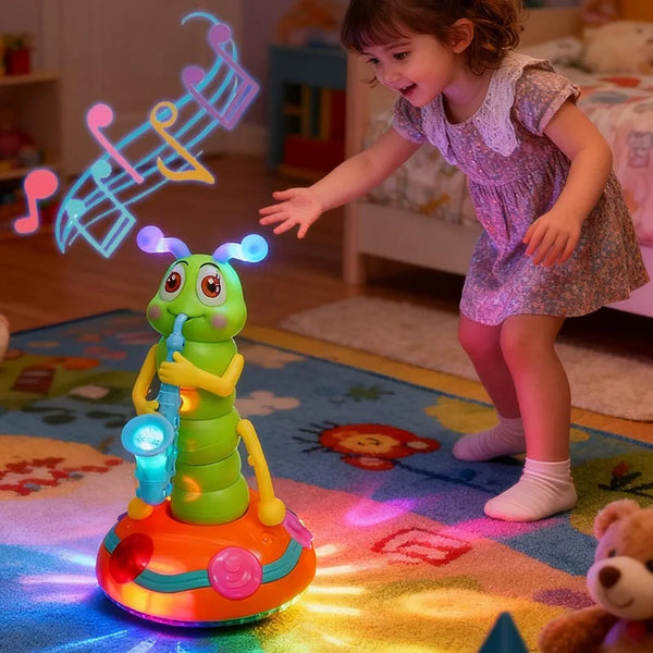 A young child interacts with a green LED caterpillar saxophone musical toy on a colorful rug.