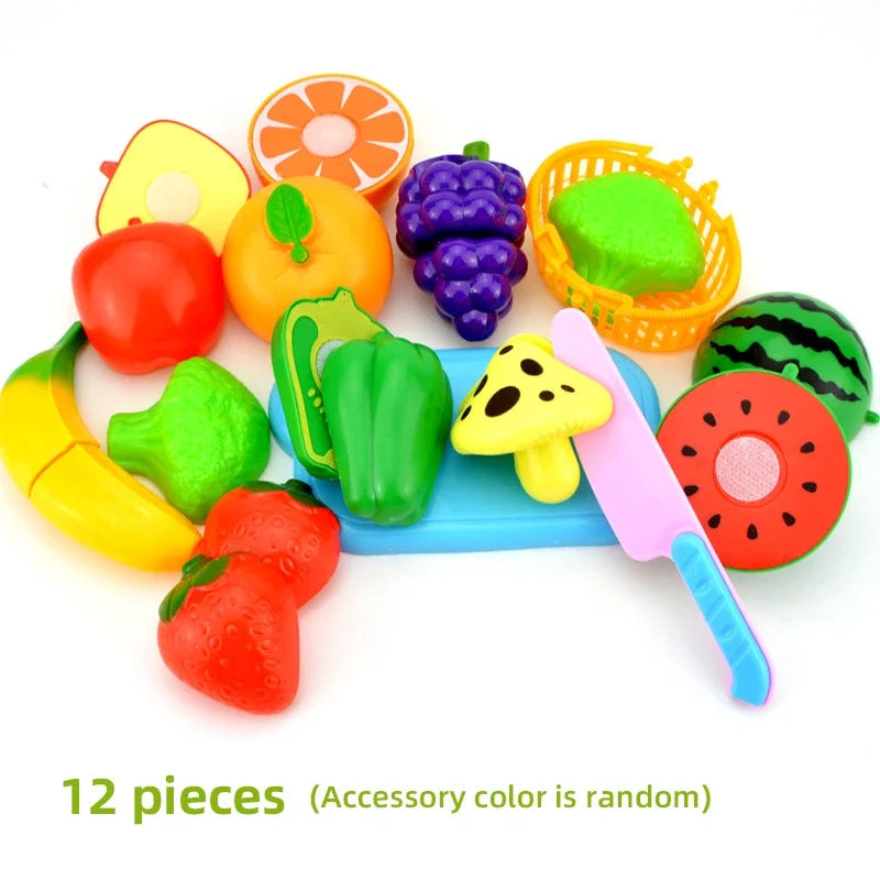 A set of 12 pretend play cutting food toys including fruits and vegetables in various colors and a shopping basket.