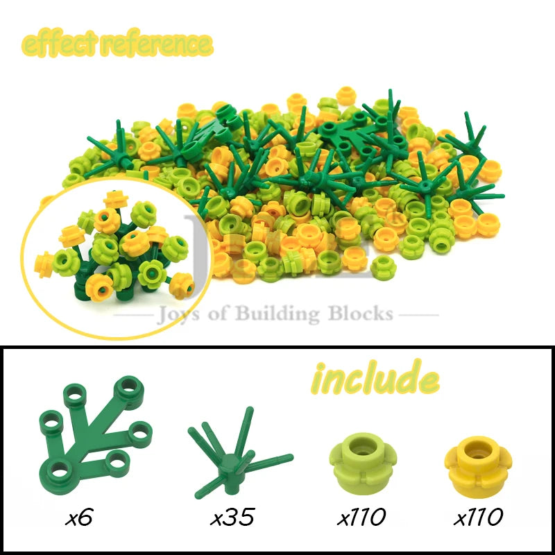 A set of green and yellow building blocks shaped like cherry blossom trees, including various pieces.