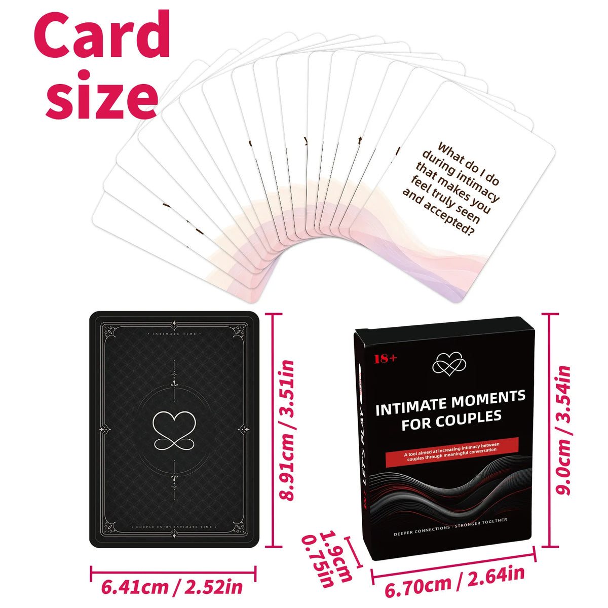 A deck of card size conversation starter cards for couples featuring a heart design and an intimate moments box.