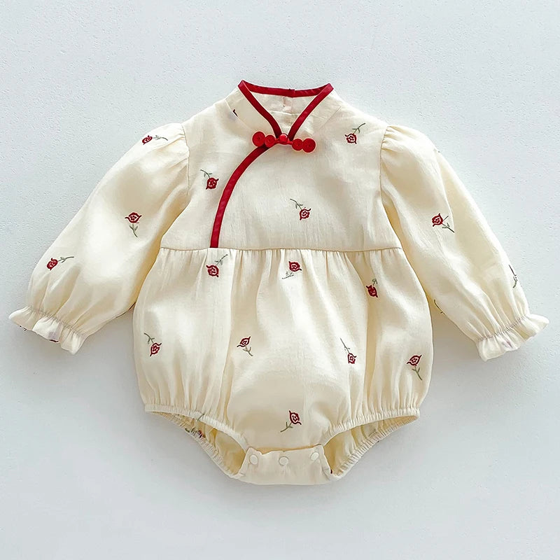 Baby Girls Lace-Trim Cotton Romper with Floral Details